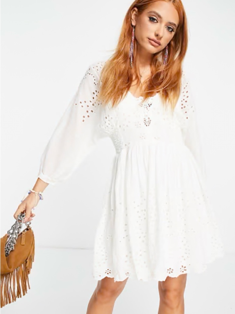 Free People FP One Lottie Women’s White Eyelet V-Neck Mini Cotton Dress Medium